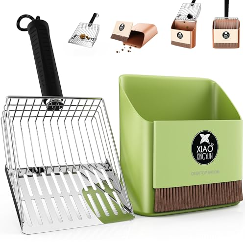 Metal Cat Litter Scooper Kit - Durable Large Steel Litter Scoop with Dual Grid, Includes Broom & Dustpan for Quick, Easy Cleaning - color: Green
