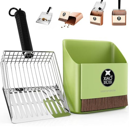 Metal Cat Litter Scooper Kit - Durable Large Steel Litter Scoop with Dual Grid, Includes Broom & Dustpan for Quick, Easy Cleaning - color: Green