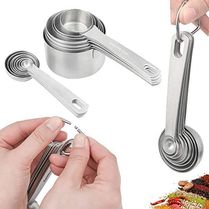 Measuring Cups and Spoons Set, 18/8 Metric & US Stainless Steel 8 Measuring Cups & 9 Spoons with 1 Leveler & 1 Measurement Conversion Chart for Baking & Kitchen - size: B: 8cups+9spoons