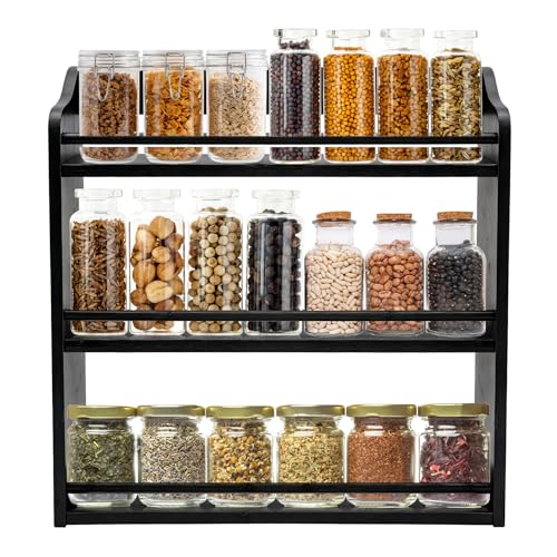 3 Tier Bamboo Spice Rack,Seasoning Jars Rack Shelf Spice Organizer for Kitchen Counter or Wall Mounting (Black) - style: Tiered Shelf Black