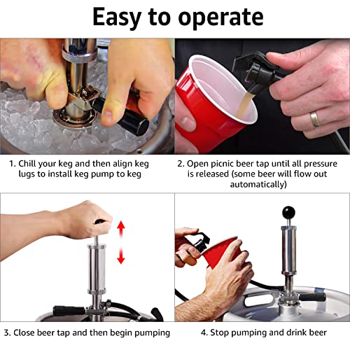 MRbrew Keg Party Pump, American D System Beer Keg Tap Keg Hand Pump 4'' Picnic Pump with Beer Faucet & Beer Hose, Chrome-Plated Keg Draft Beer Party Pump with 2 Hose Clamps Kegerator Pump for Homebrew