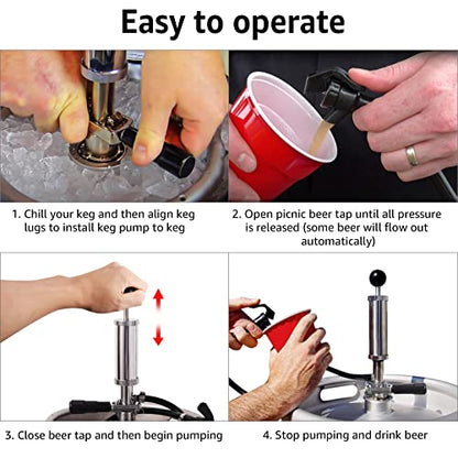 MRbrew Keg Party Pump, American D System Beer Keg Tap Keg Hand Pump 4'' Picnic Pump with Beer Faucet & Beer Hose, Chrome-Plated Keg Draft Beer Party Pump with 2 Hose Clamps Kegerator Pump for Homebrew