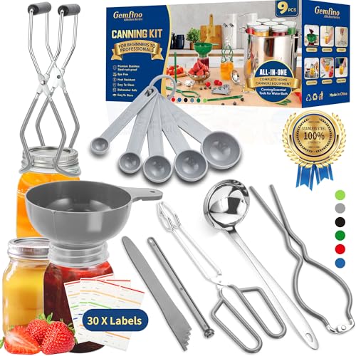 Canning Supplies Starter Kit,Canning Kit for Beginners of 9 with Jar Lifter，Wide Mouth Funnel,Wrench,Tongs,Lid Lifter,Bubble Popper,Canning Labels,ladle,Measuring spoon-Gray - color: X9-Gray