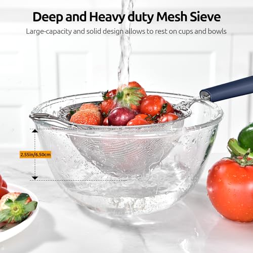 U-Taste Medium Fine Mesh Strainer: 18/8 Stainless Steel 4.73in 30 Mesh Kitchen Food Sieve with Sturdy Riveted Silicone Handle, Heavy Duty Deep Handheld Metal Colander for Rice, Quinoa(Midnight Blue) - color: (3) Midnight Blue, size: M-4.73in