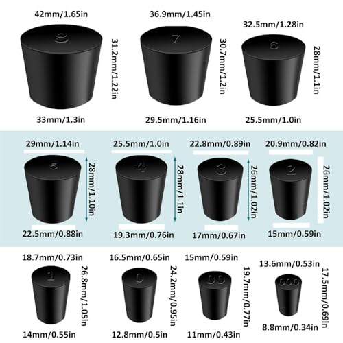 30Pcs Solid Rubber Stoppers 000# - 8# Tapered Lab Bungs Solid Rubber Stoppers 11 Assorted Sizes - size: 30pcs