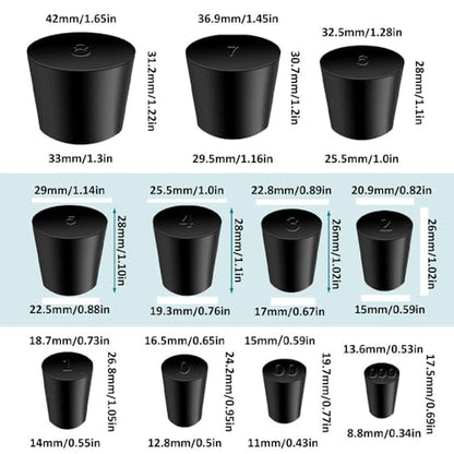 Laboratory Grade Rubber Stoppers, 30 Pieces Assorted Tapered Bungs Set, 11 Different Sizes from 000# to 8#, Solid Black Lab Supplies