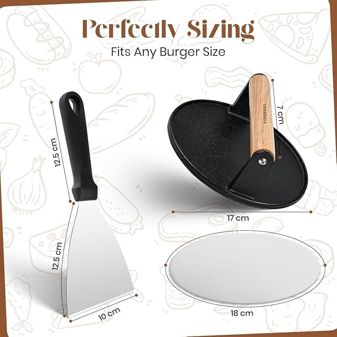3-in-1 Cast Iron Smash Burger Press, 7.2'' Pre-Seasoned Cast Iron Hamburger Smasher, Grill Bacon Meat Press Tool Heat Resistant Burger Smasher for Griddle, Food, Chef