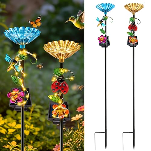VOOKRY Solar Outdoor Garden Decor Lights & bee/Bird/Butterfly Water Station | Both functions of garden decor and water supply.Waterproof for Patio Lawn Yard,Gifts for Women Mom(2Pack Dragonfly Ladybug) - size: 2 Pack Dragonfly ladybug Mixed loading