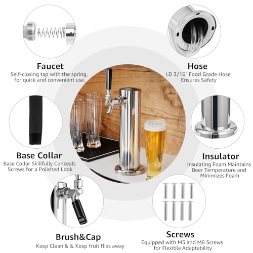 Kegerator Tower Single Tap Beer Tower Dispenser, Draft Beer Tap Tower Kegerator Parts, Upgraded 3" Flange Keg Tower with Pre-Assembled Tubing & Self-Closing Brass Beer Faucet Stainless Core