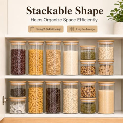 MOLFUJ 1200 ML / 40 FL Oz Glass Storage Container with Wood Lid, Stackable Clear Decorative Organizer Bottle Canister Pantry Jar with Air Tight Wooden Lid for Food, Coffee, Candy, Sugar, Salt, Tea - size: 40 Oz / 1200 ml