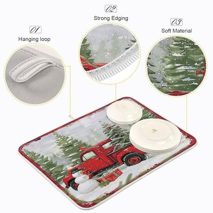 Christmas Red Truck Snowman Dish Drying Mat 18x24 for Kitchen Winter Xmas Tree Snowflake Cardinal Bird Dishes Pad Dish Drainer Rack Mats Absorbent Fast Dry Kitchen Accessories