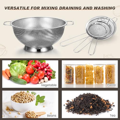 Norme 5 Quart Stainless Steel Silver Colander and 3 Pcs Silver Fine Mesh Strainer, Stainless Steel Pasta Rice Food Metal Strainer with Handles, Easy Clean and Dishwasher Safe - color: Silver, size: 5 Quart