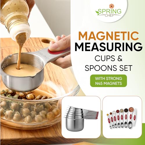 Spring Chef Magnetic Measuring Cups & Spoons Set, Patented, Strong N45 Magnets, Heavy Duty Stainless Steel Fits in Spice Jars for Baking & Cooking, BPA Free, Round Set of 15 with Leveler, Red - color: Red, size: Set of 15