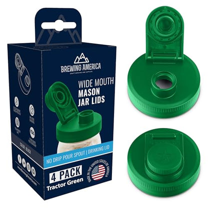 Mason Jar Lids Wide Mouth Plastic 4 Pack - With Flip Cap Screw Top Pouring Spout and Drink Hole - Fits Kerr and Ball Canning Jars - Wet/Dry Food and Liquid Storage - MADE IN USA (Tractor Green) - color: Tractor Green