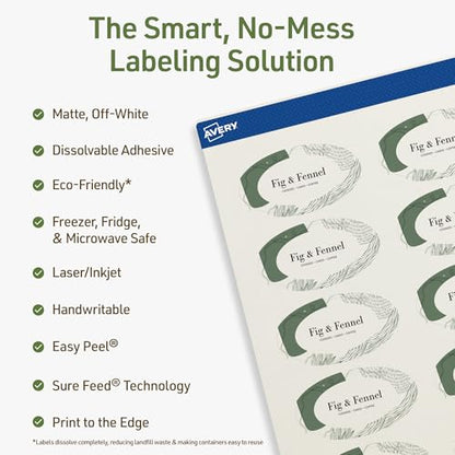 Avery Dissolvable Oval Labels, Sure Feed Technology, 1-1/8" x 2-1/4", Matte White, Print-to-The-Edge, Laser/Inkjet Printable, 210 Labels Total - style: 210 labels
