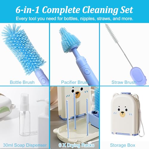 Blue Travel Bottle Cleaner Kit with Drying Rack – 6-in-1 Baby Bottle Washer & Silicone Brush Set for Pump Parts, Nipples & Straws – Portable Baby Travel Essential in Compact Case - color: Blue
