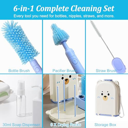 Blue Travel Bottle Cleaner Kit with Drying Rack – 6-in-1 Baby Bottle Washer & Silicone Brush Set for Pump Parts, Nipples & Straws – Portable Baby Travel Essential in Compact Case - color: Blue