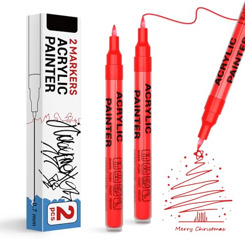 Acrylic Paint Pens Waterproof Markers 2 Red Permanent Marker Pens Acrylic Pens for Rock Painting Glass Stone Ceramic Metal Fabric Pebble Painting pens Craft Supplies - color: Red
