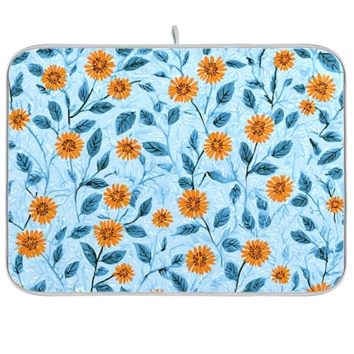 Dish Drying Mat for Kitchen Counter Orange Flowers Blue Leaves Absorbent Drying Dish Mat 16×18 inch Dish Rack Pad Coffee Mat for Sink Dishes Under Rack - color: multicolored.12, size: 16x18in