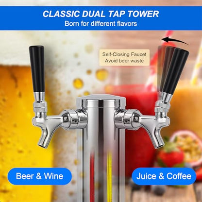 MRbrew Kegerator Tower Beer Tap Tower Dispenser Dual Faucet Beer Tower Draft Beer Dispenser Stainless Steel Keg Tap Tower 3'' Keg Tower Pre-assembled Line Beer Faucet Dispenser Kit For Home, Bar,Party - size: Dual Tap Kegerator Tower