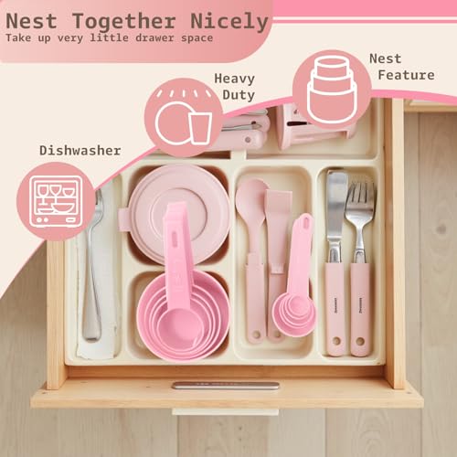 Inmorven 10pcs Measuring Cups and Spoons Set, BPA-Free Plastic Kitchen Baking Tools with Engraved Markings, Stackable Design for Dry & Liquid Ingredients (Pink) - color: Pink