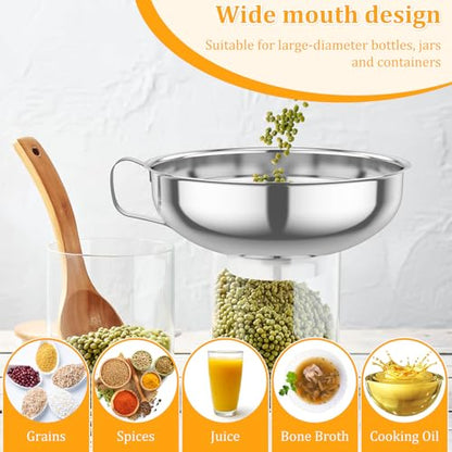 Canning Funnel with Strainer for Wide and Regular Mason Jars, Stainless Steel Wide-Mouth Funnel with Handle, Wide Mouth Funnels for Kitchen Use, Canning Supplies Kit Food Funnel Set