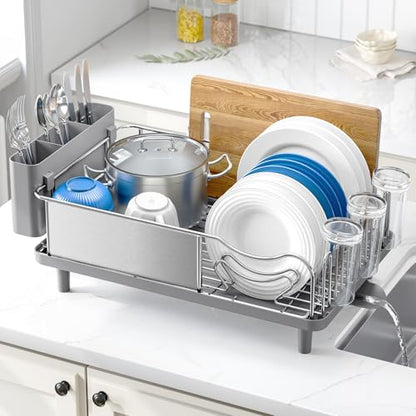 Urackify Stainless Steel Dish Drying Rack - Large Capacity Kitchen Counter Organizer with Drain Board, Utensil Holder & Detachable Cup Shelf, 304 Surgical-Grade Rust-Proof Dish Drainer, Easy Assembly - color: Gray