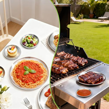 Metal Dinner Plate, 4 Pack 10.2 inch Large 201 Stainless Steel Plates, Reusable Lunch Salad Pizza Food Serving Snack Eating Dishes Round Brushed Finish Silver Sturdy Dish Oven Dishwasher Safe - size: 10.2"