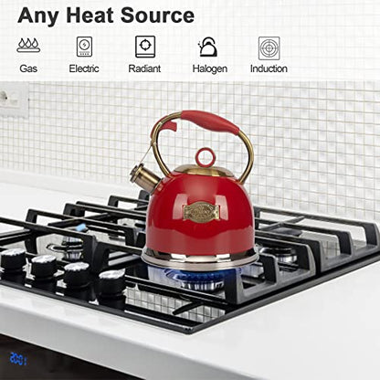 Tea Kettle, Stovetop Whistling Teapot, Stainless Steel, Red, 3.0-Quart - color: Red