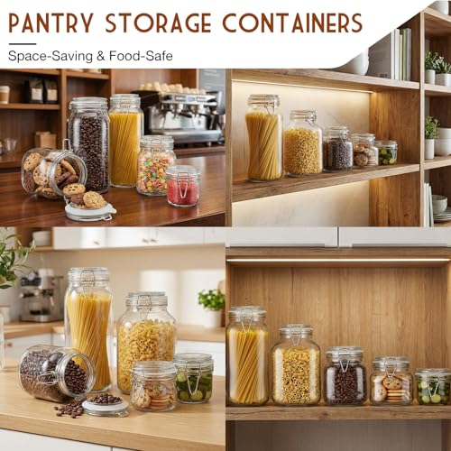 5 Pack Wide Mouth Mason Jars with Clamp Lids, 101oz, 68oz, 34oz, 25oz, and 7oz Glass Jars with Airtight Lids, Kitchen Airtight Food Storage Canister for Pantry Spaghetti, Cereal, Rice, Sugar