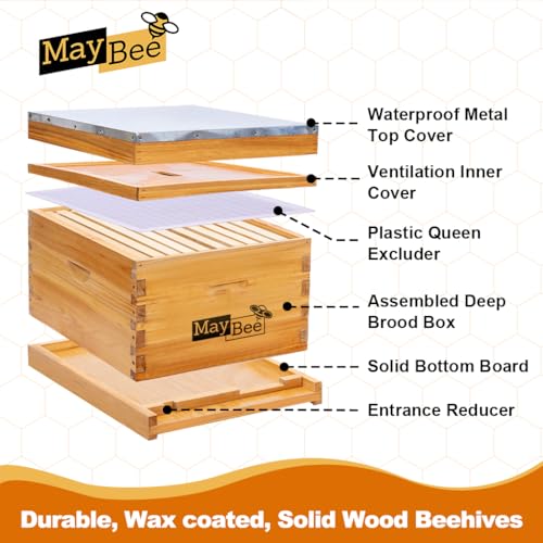 Beehive Starter Kit 10-Frame Bee Boxes and Frames Starter Kit Wax Coated Bee Hives and Supplies Starter Kit Including Beekeeping Tools Kit with Beekeeping Veil - size: 10 Frames