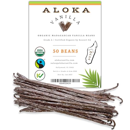 50 Count Organic Madagascar Vanilla Beans – Grade A Bourbon Pods | Gourmet Whole Vanilla Beans for Baking, Cooking, Extract Making | Rich Aroma, Premium Flavor, Non-GMO, Vegan - size: 50 Count (Pack of 1)