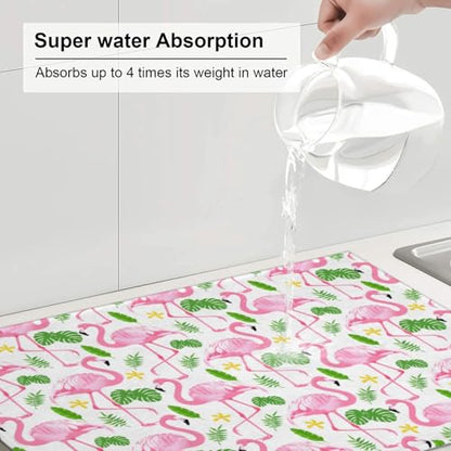 Pink Flamingo Leaf Dish Drying Mat For Kitchen Counter, Super Absorbent Microfiber Dish Drying Pad, Kitchen Gadgets For Easy Clean Multi-Use Large 18"x24" - color: Pink Flamingo Leaf