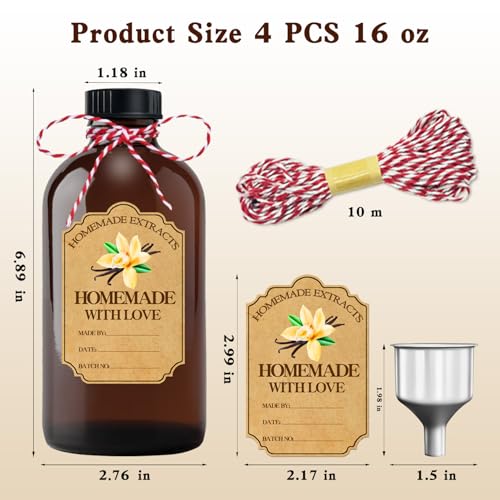 4Pcs 16 oz Amber Glass Bottle Brown Round Bottles with Caps, for Vanilla Extract Homemade, with Stickers and Funnel, for Syrup Gift Glass Food Storage Canister Set, Sauce Beans, Essential Oil - color: 4 Pcs 16 Ounce