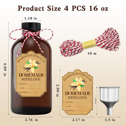4Pcs 16 oz Amber Glass Bottle Brown Round Bottles with Caps, for Vanilla Extract Homemade, with Stickers and Funnel, for Syrup Gift Glass Food Storage Canister Set, Sauce Beans, Essential Oil - color: 4 Pcs 16 Ounce