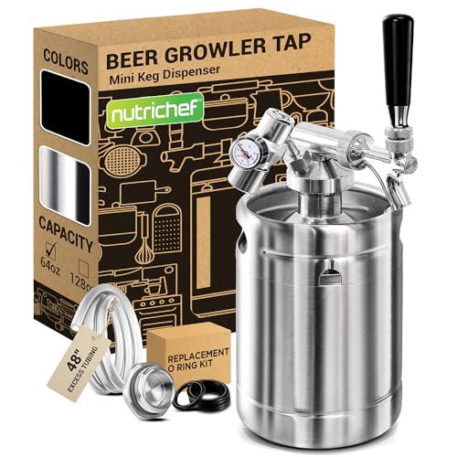 NutriChef Pressurized Growler Tap System, 64oz Stainless Steel Mini Keg Dispenser Portable Kegerator Kit, Co2 Pressure Regulator Keeps Carbonation for Craft Beer, Draft and Homebrew - size: 64oz