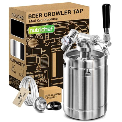 NutriChef Pressurized Growler Tap System, 64oz Stainless Steel Mini Keg Dispenser Portable Kegerator Kit, Co2 Pressure Regulator Keeps Carbonation for Craft Beer, Draft and Homebrew - size: 64oz