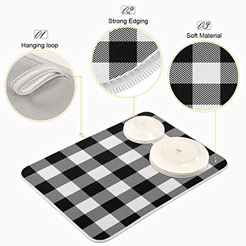 White and Black Buffalo Plaid Dish Drying Mat 18x24 for Kitchen Classic Buffalo Check Dishes Pad Dish Drainer Rack Mats Absorbent Fast Dry Kitchen Accessories - size: 18x24(in)x1