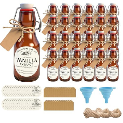 24 Sets Swing Top Glass Bottles Set 4 Oz Vanilla Extract Bottles Amber Homemade Vanilla Extract Jars for Weddings Family Gatherings Christmas DIY Crafts