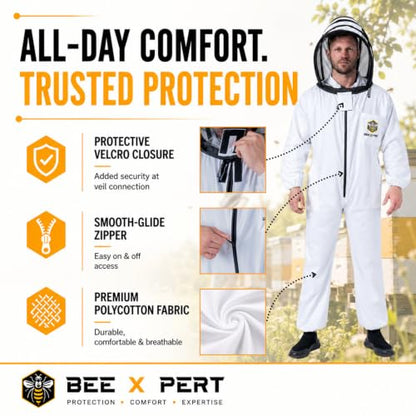 Cotton Beekeeping Suit with Removable Veil & Gloves – Full Body Protective Bee Suit, Breathable Sting Protection for Beginner & Professional Beekeepers (Adult-3XL) - size: Adult-3XL