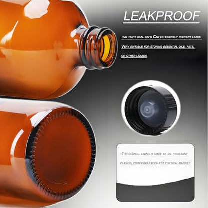 2 Pack 1000ml (32oz) Amber Glass Boston Round Bottles with Black Screw Caps - Empty Refillable Brown Glass Bottles for Essential Oils, Lab Chemicals, Cosmetics, Cleaning Solutions & Homemade Products