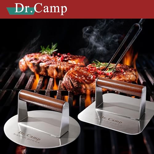 Dr.Camp 2 Pack Stainless Steel Burger Press with Real Wood Handle 7 Inch Smash Burger Press Bacon Press Grill Press Set for Griddle Flat Top Hamburger Smasher Meat Press - style: Round+Square