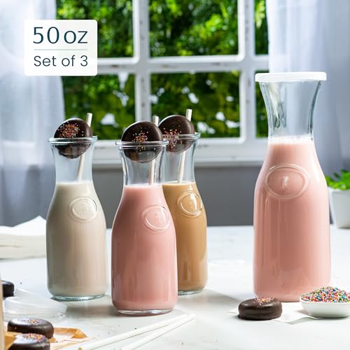 Glass Carafe Pitchers, by Kook, Large Carafe - set of 3, Beverage Dispensers, Clear Jugs For Mimosas, Water, Wine, Milk and Juice, with Plastic Lids, 50 oz Dishwasher Safe - color: Set of 3, 1.5 Liter