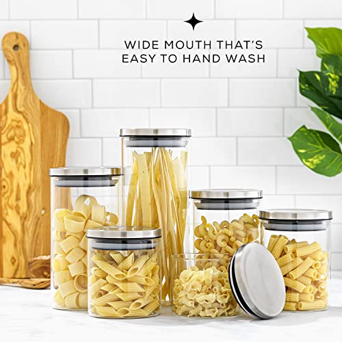 JoyJolt Kitchen Canister Set. 6 Glass Jars with Lids (Stainless Steel) Lids. Airtight Food Storage Containers for Pantry or Counter. Versatile Pantry Organization, Sugar Container or Cereal Canisters - style: Stainless Steel Covers