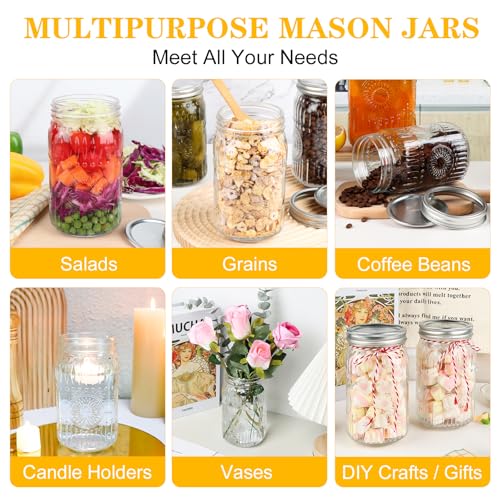 HINGWAH Wide Mouth Mason Jars 32 oz, 6 Pack Large Quart Mason Jars with Airtight Lids and Bands, Clear Glass Canning Jars for Preserving, Pickling, Fermenting, Meal Prep & DIY Crafts (Sunflower) - size: 32oz- 6pack