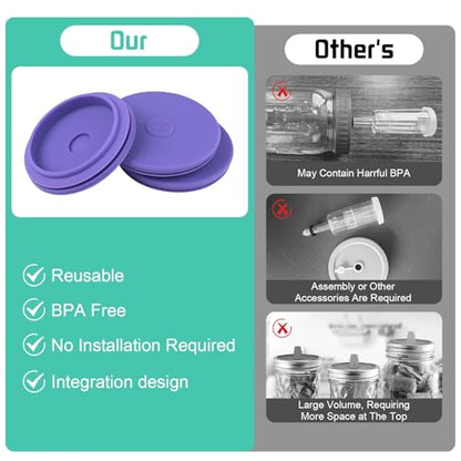 Wide Mouth Mason Jar Fermentation Lids – Silicone Fermenting Caps with Waterless Airlock, Self-Burping Fermenter Tops for Pickles, Kimchi, and Probiotic Foods, 3 Pack Purple (Jars Not Included) - color: Purple