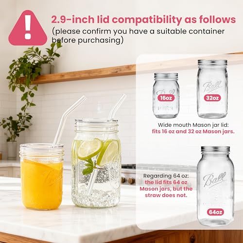 Reusable Wide Mouth Mason Jar Lids with Glass Straw Hole -Fit 2.9-inch Wide Mouth Jars, Compatible with Ball 16oz & 32oz Jar, BPA-Free Straw Lids (Jars Not Included)-2-Pack - size: 2 PACK