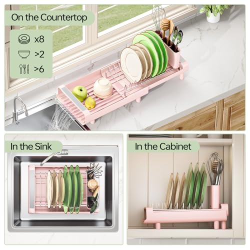 TOOLF Small Dish Drying Rack, Mini Expandable Compact Dish Rack, Slim Extendable Stainless Steel Dish Drainer for Kitchen Plate Storage, Space Saving Dish Strainer in Sink or on Home Countertop, Pink - color: Pink
