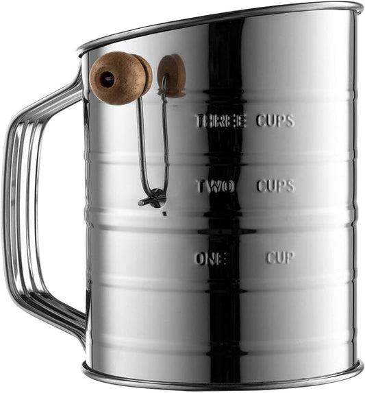 Bellemain 3 Cup Flour Sifter for Baking Fine Mesh Rotary Hand Crank with Loop Agitator for Quick Sifting, Flour Sifter Stainless Steel - size: 3 Cup