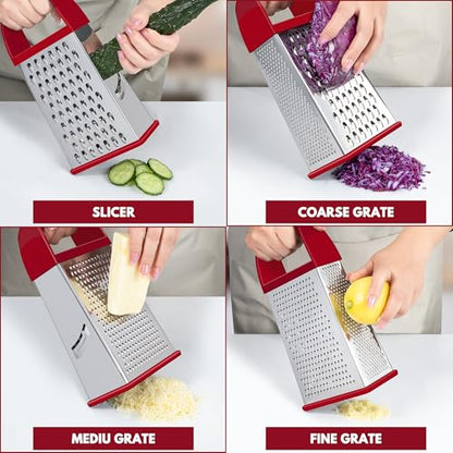 Urbanstrive Cheese Grater With Container, Professional Cheese Grater with Handle, Stainless Steel Graters for Kitchen Handheld, Box Grater with 4 Sides for Vegetables, Ginger, Potatoes (Red) - color: Red